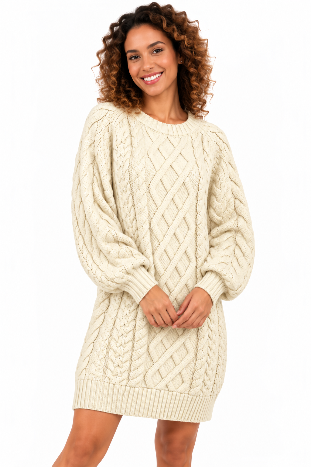 Elise – Gebreide Kabeljurk met Pofmouwen