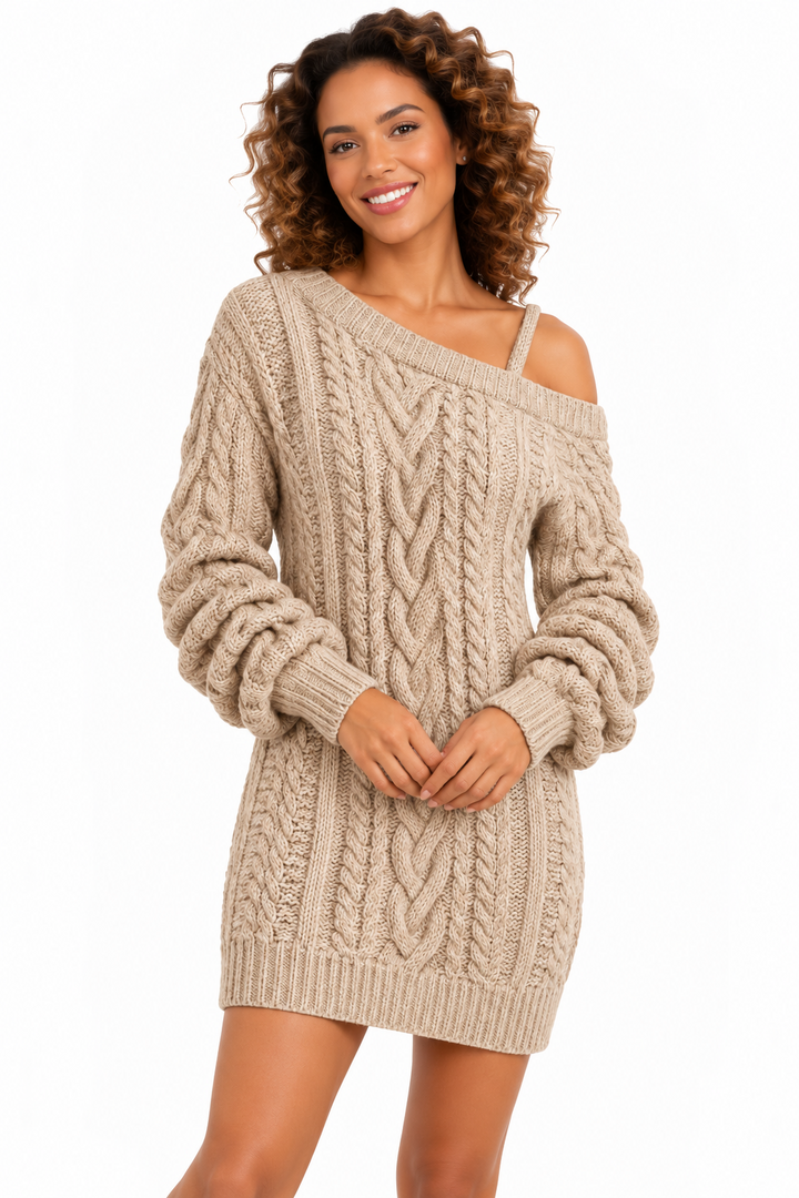 Elise – Elegante Gebreide Kabeljurk met Asymmetrische Halslijn