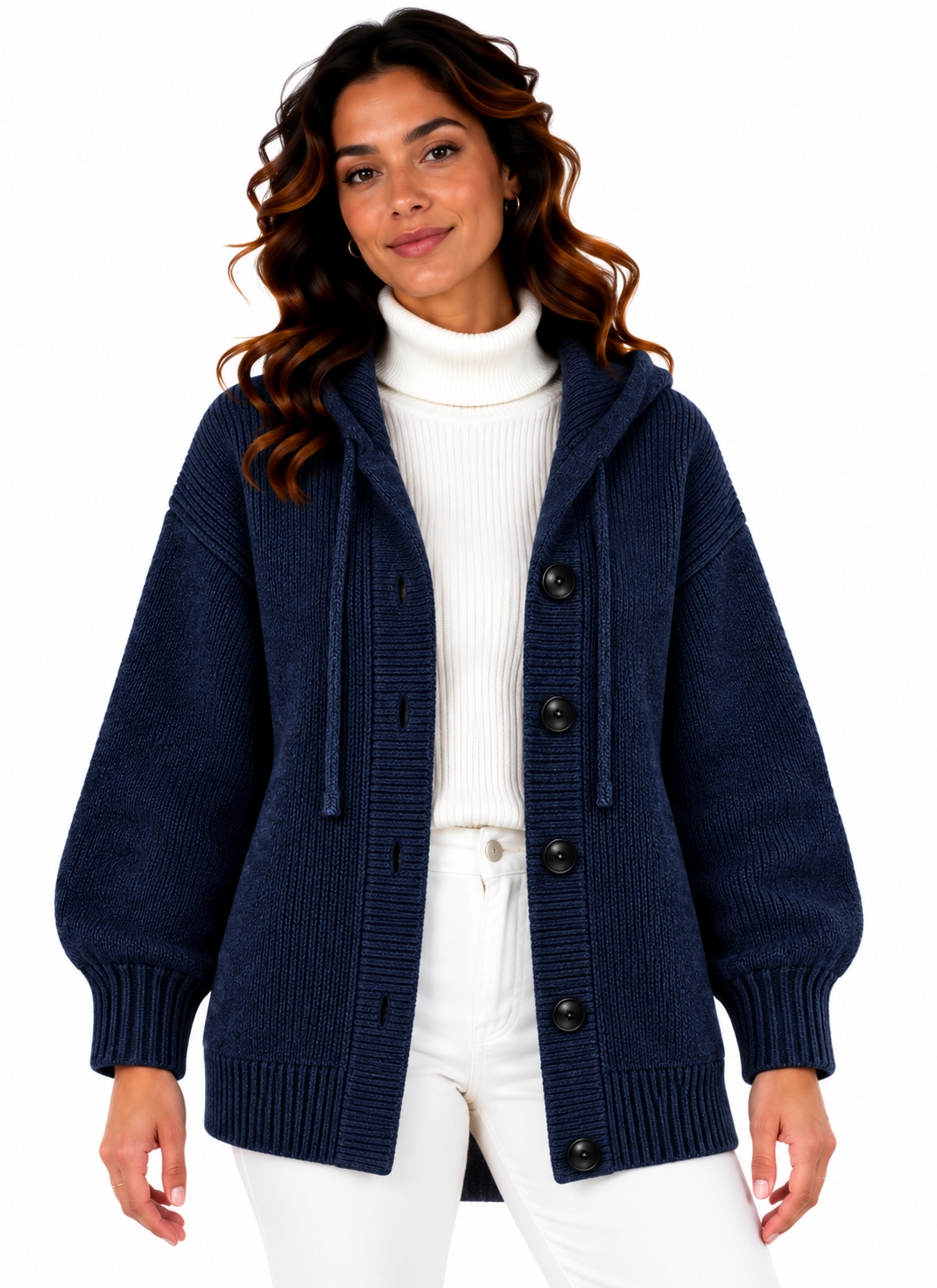 Femke – Lang Gebreid Vest met Capuchon en Knopen