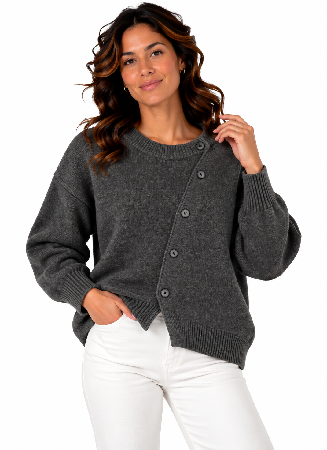 Femke – Gebreid Vest met Asymmetrische Knopen