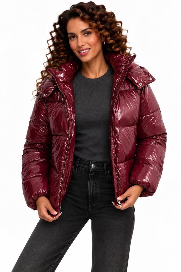 Sophie – Glanzende Gewatteerde Winterjas met Capuchon