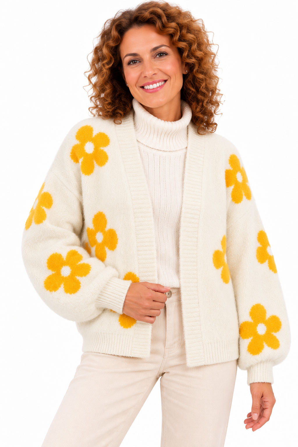 Femke – Zacht Gebreid Vest met Bloemenpatroon