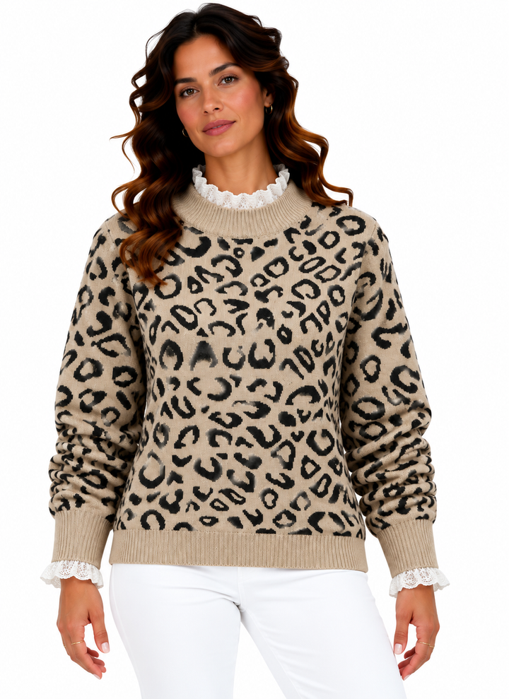 Lotte – Gebreide Trui met Luipaardprint en Kanten Details