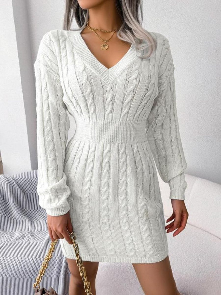 Jurk Dames Kabelgebreid Midi V-hals Lange Mouw - Wol