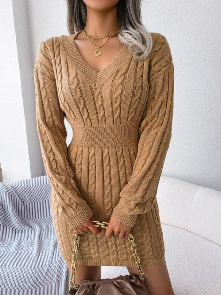 Jurk Dames Kabelgebreid Midi V-hals Lange Mouw - Wol