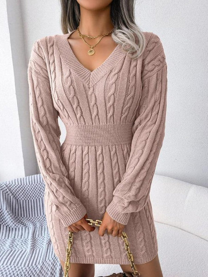 Jurk Dames Kabelgebreid Midi V-hals Lange Mouw - Wol