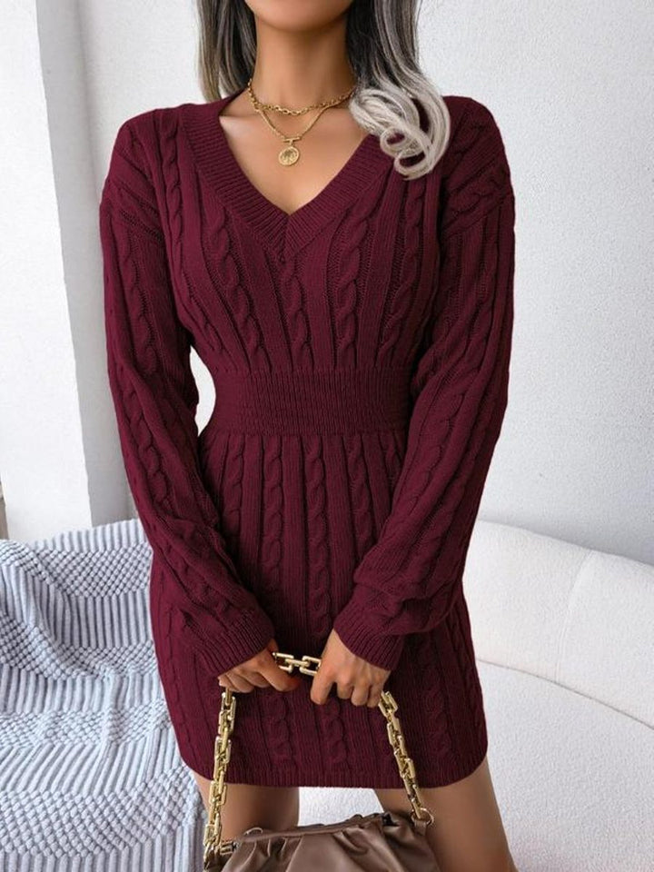 Jurk Dames Kabelgebreid Midi V-hals Lange Mouw - Wol