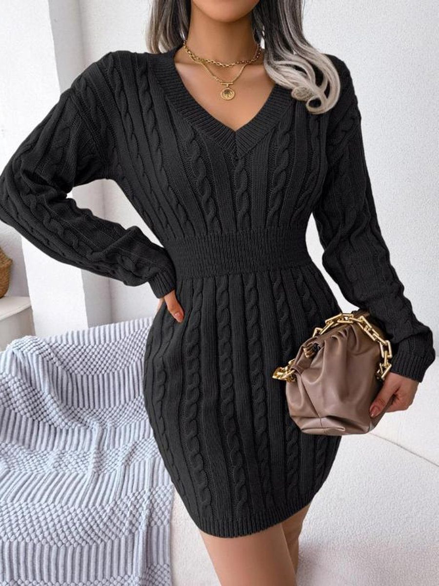 Jurk Dames Kabelgebreid Midi V-hals Lange Mouw - Wol