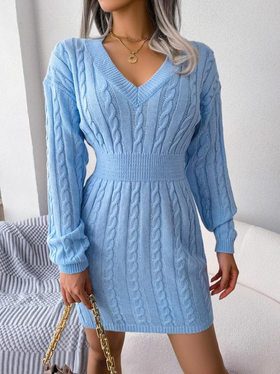 Jurk Dames Kabelgebreid Midi V-hals Lange Mouw - Wol