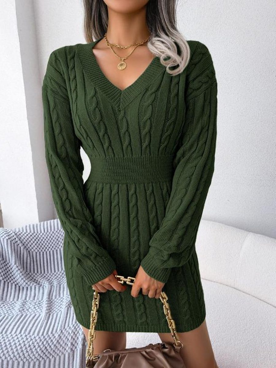 Jurk Dames Kabelgebreid Midi V-hals Lange Mouw - Wol