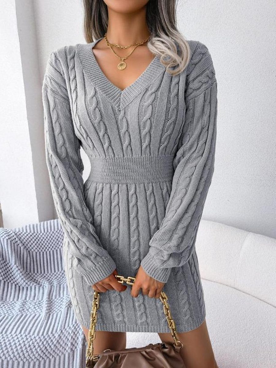 Jurk Dames Kabelgebreid Midi V-hals Lange Mouw - Wol