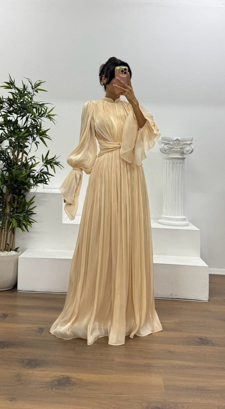 Jurk Dames Maxi Geplisseerd Ballonmouw Wikkeldetail