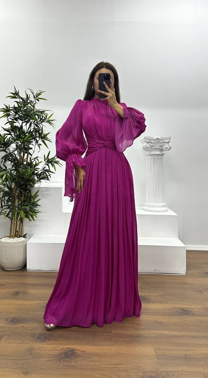 Jurk Dames Maxi Geplisseerd Ballonmouw Wikkeldetail