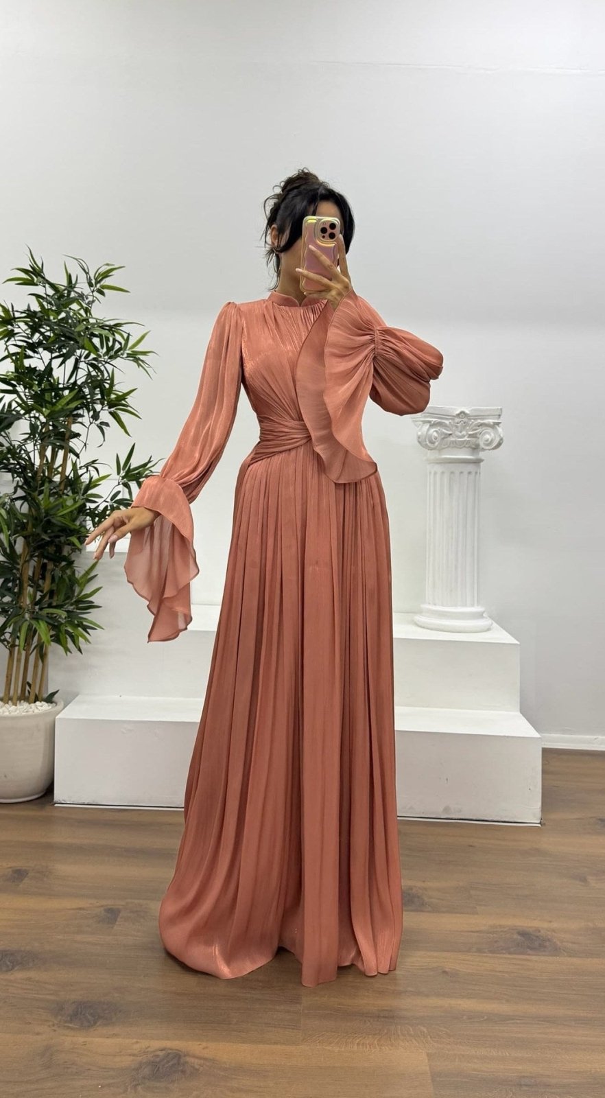 Jurk Dames Maxi Geplisseerd Ballonmouw Wikkeldetail