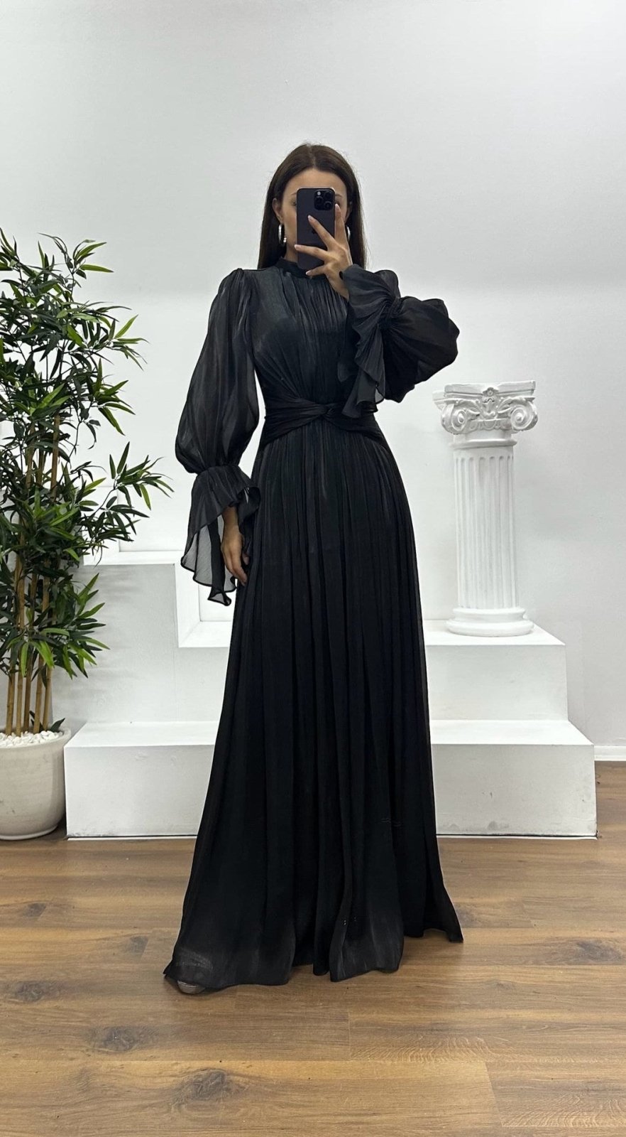Jurk Dames Maxi Geplisseerd Ballonmouw Wikkeldetail