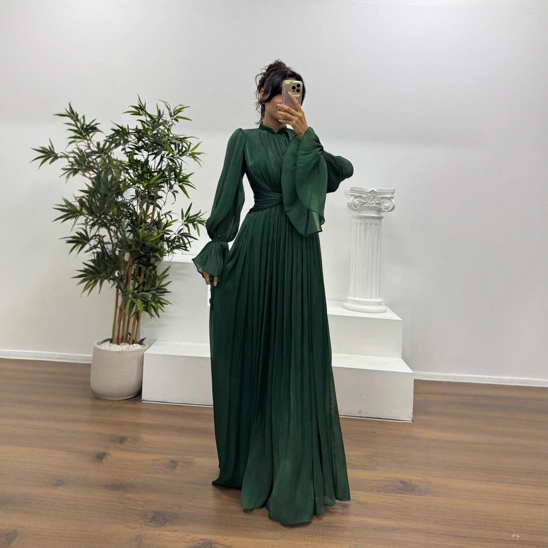 Jurk Dames Maxi Geplisseerd Ballonmouw Wikkeldetail