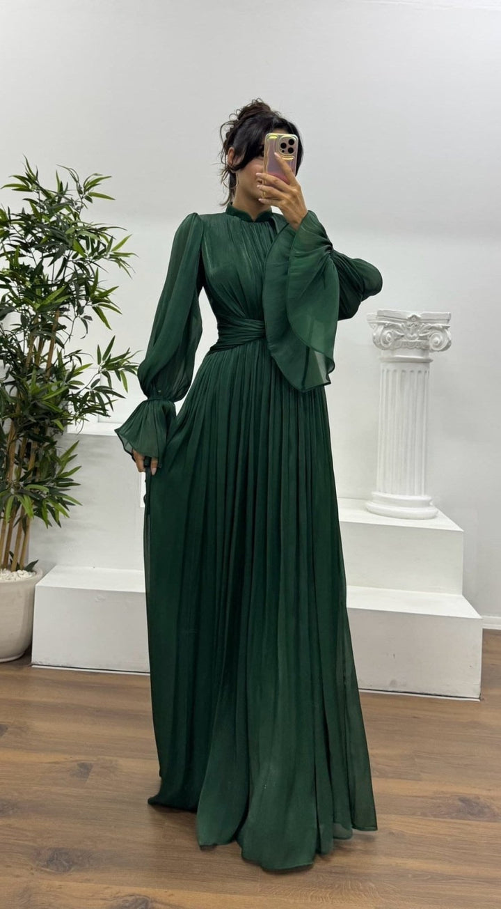 Jurk Dames Maxi Geplisseerd Ballonmouw Wikkeldetail