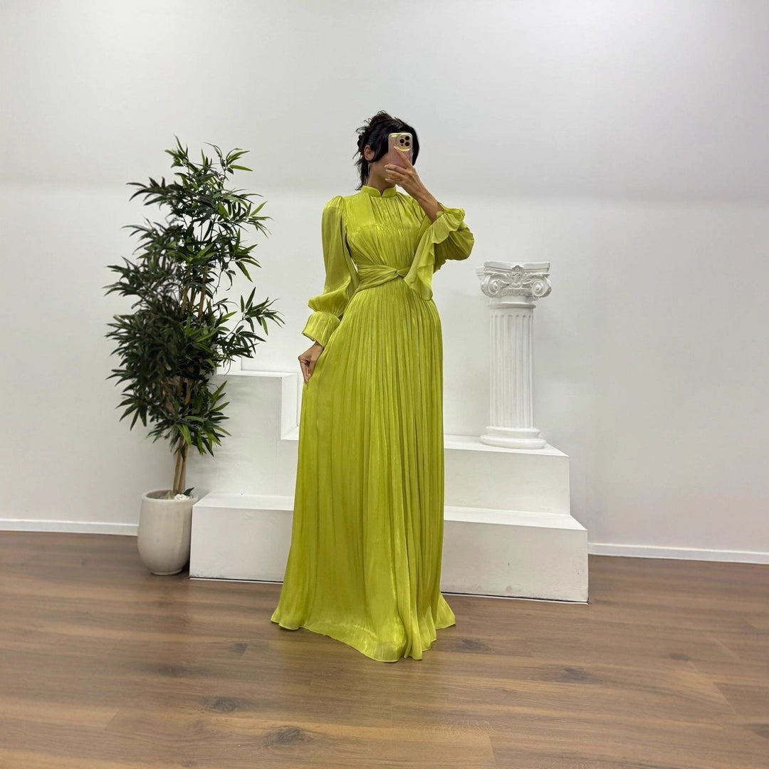 Jurk Dames Maxi Geplisseerd Ballonmouw Wikkeldetail