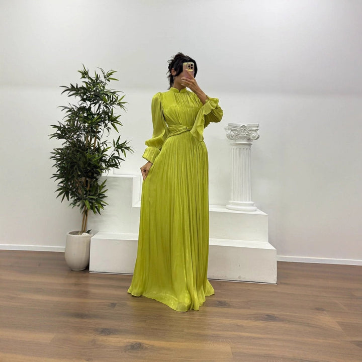 Jurk Dames Maxi Geplisseerd Ballonmouw Wikkeldetail