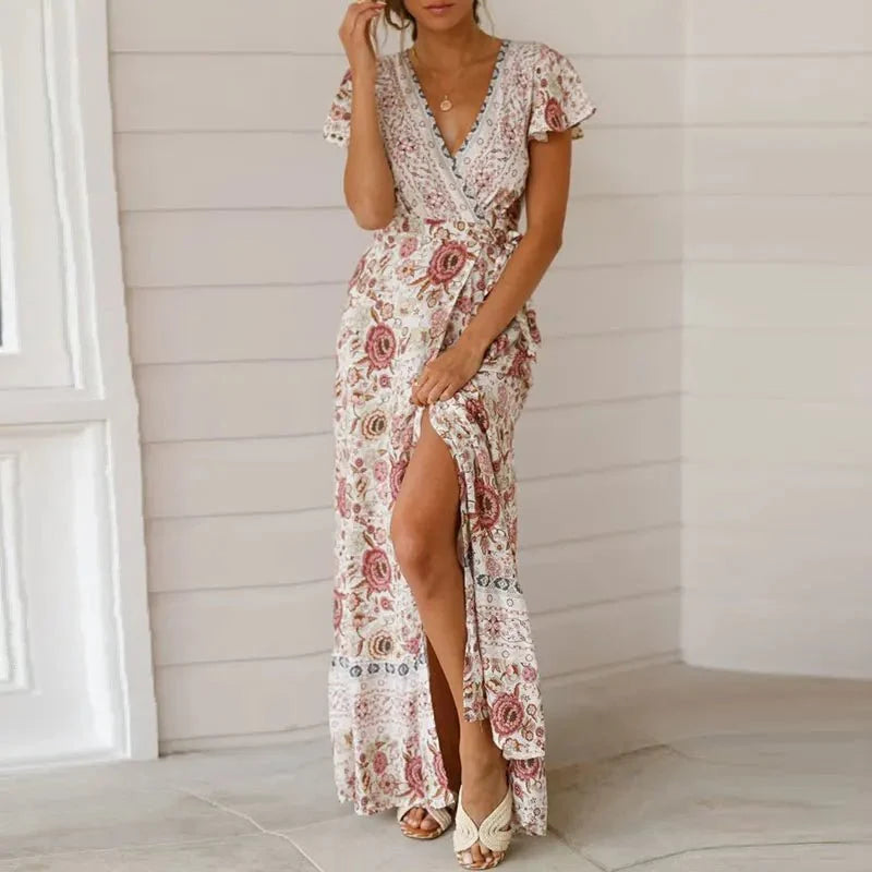Jurk Dames Maxi V-Hals Wikkelsluiting Flutter Mouwen
