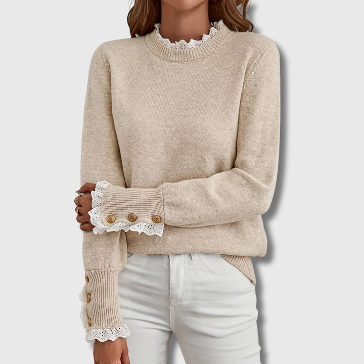 Jurk Dames Ronde Hals Kanten Detail Gouden Knopen - Gebreid
