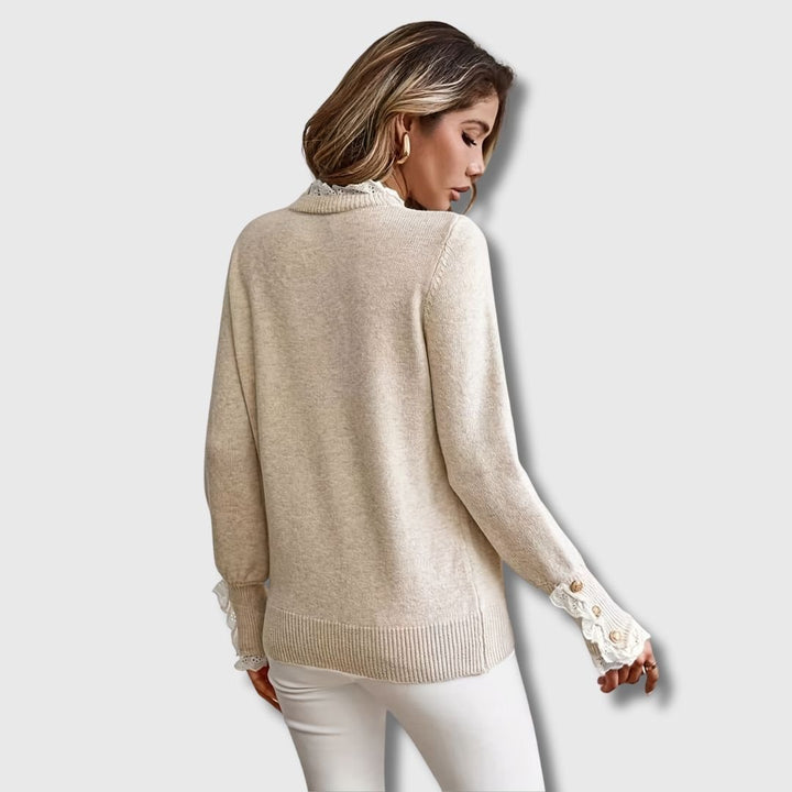 Jurk Dames Ronde Hals Kanten Detail Gouden Knopen - Gebreid