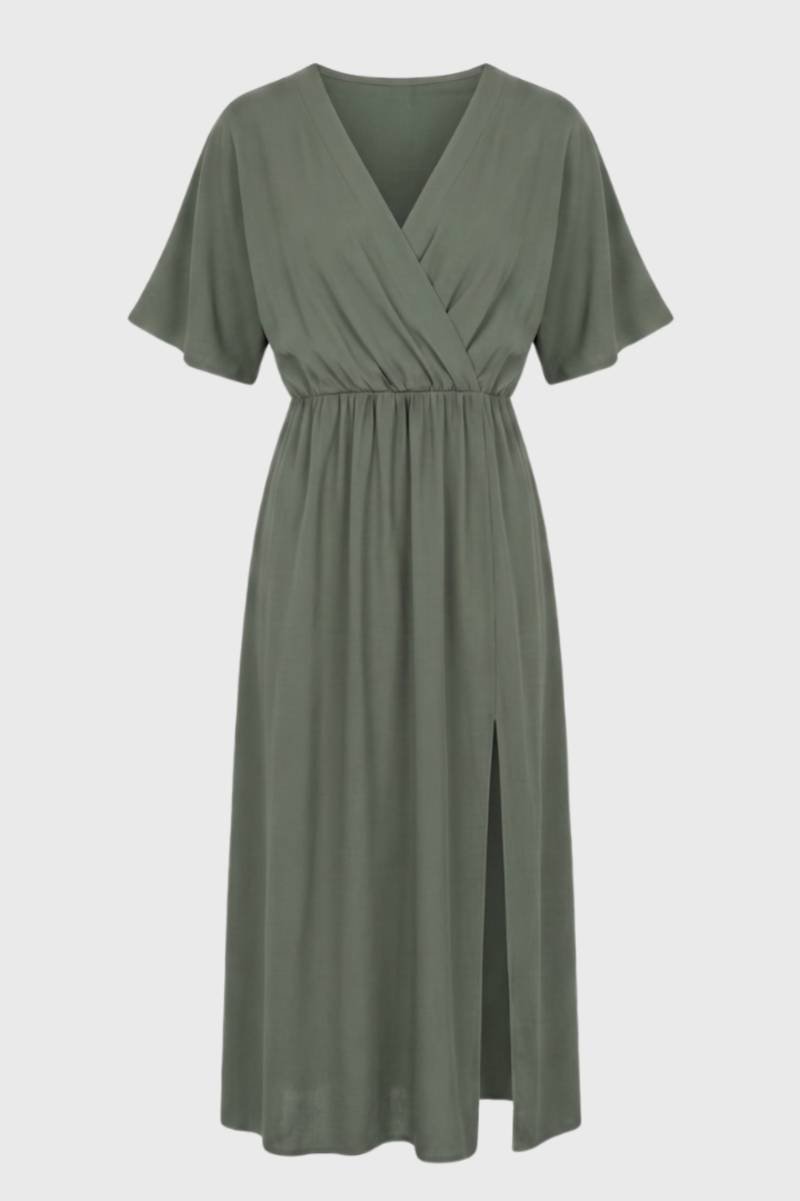 Jurk Dames V-hals Overslag Midi Korte Mouw