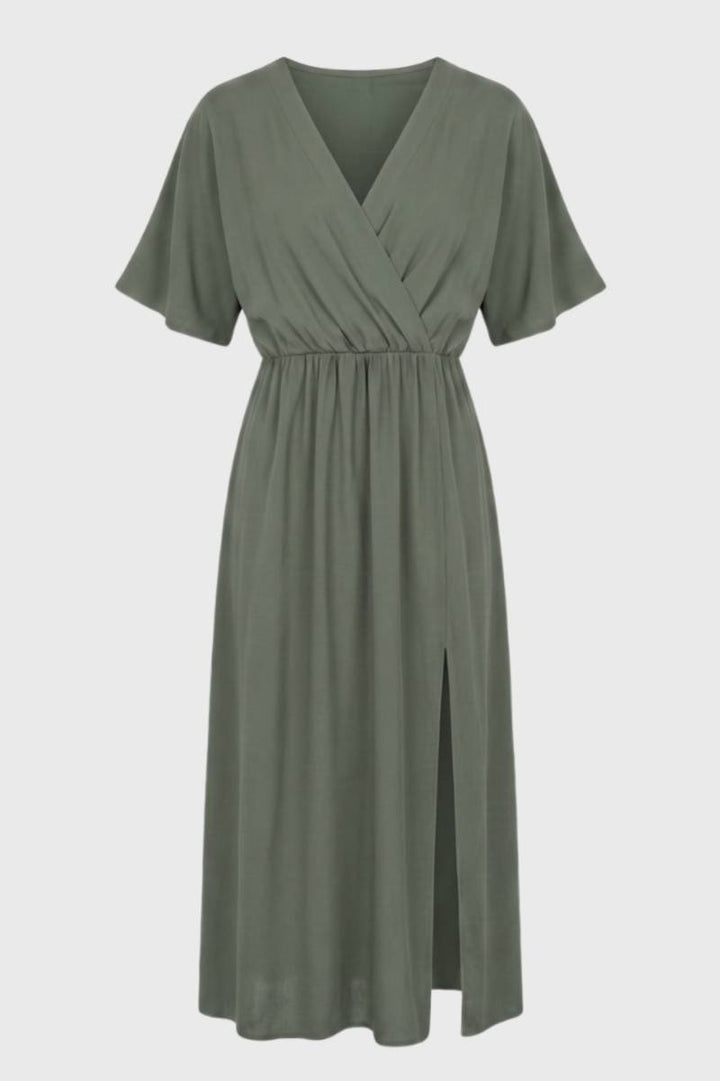 Jurk Dames V-hals Overslag Midi Korte Mouw