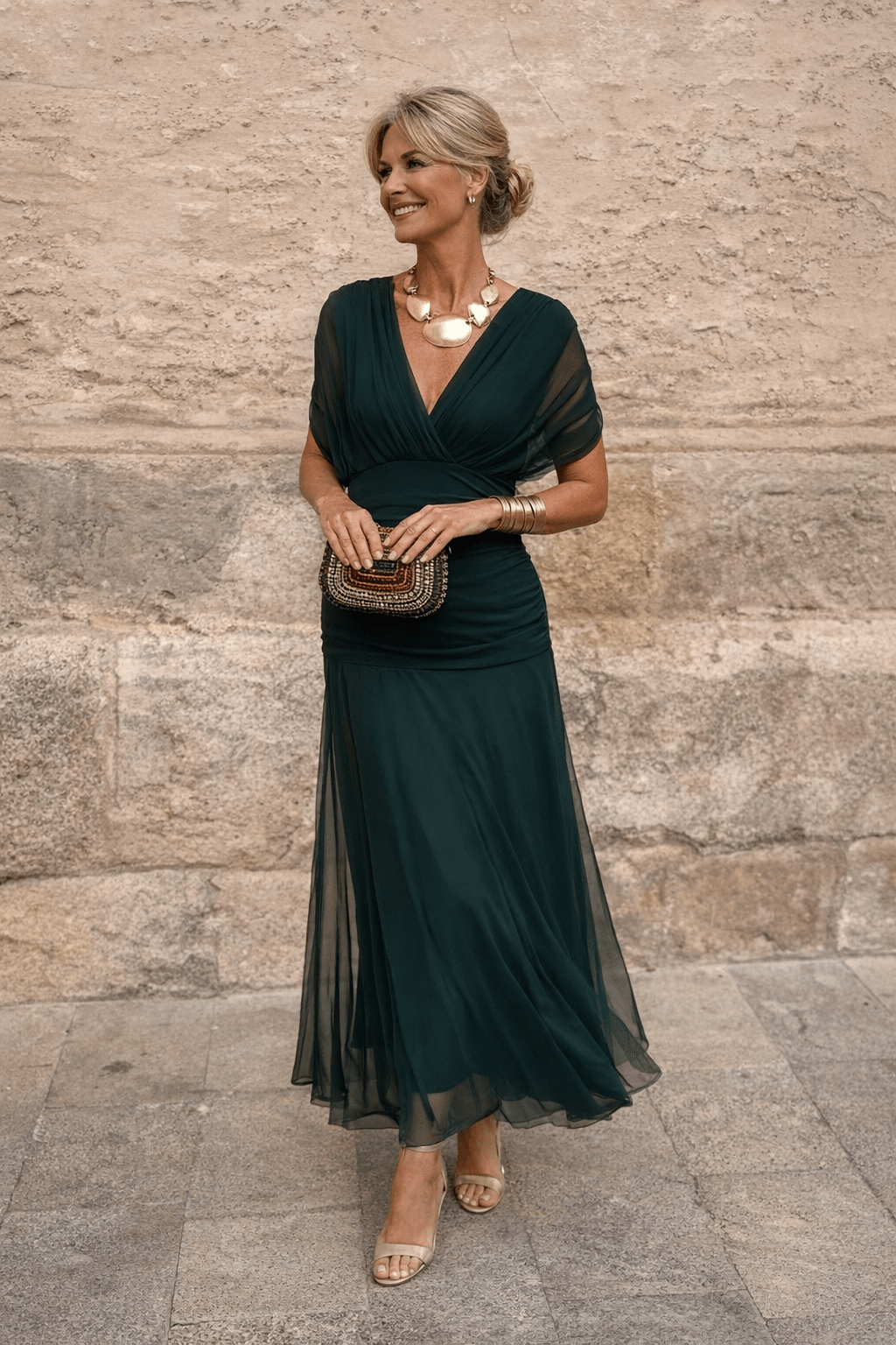 Jurk Dames V-Hals Wikkellijfje Maxi Korte Mouw - Chiffon