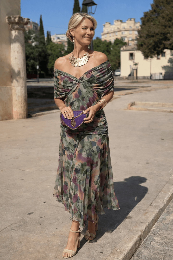 Jurk Dames V-Hals Wikkellijfje Maxi Korte Mouw - Chiffon