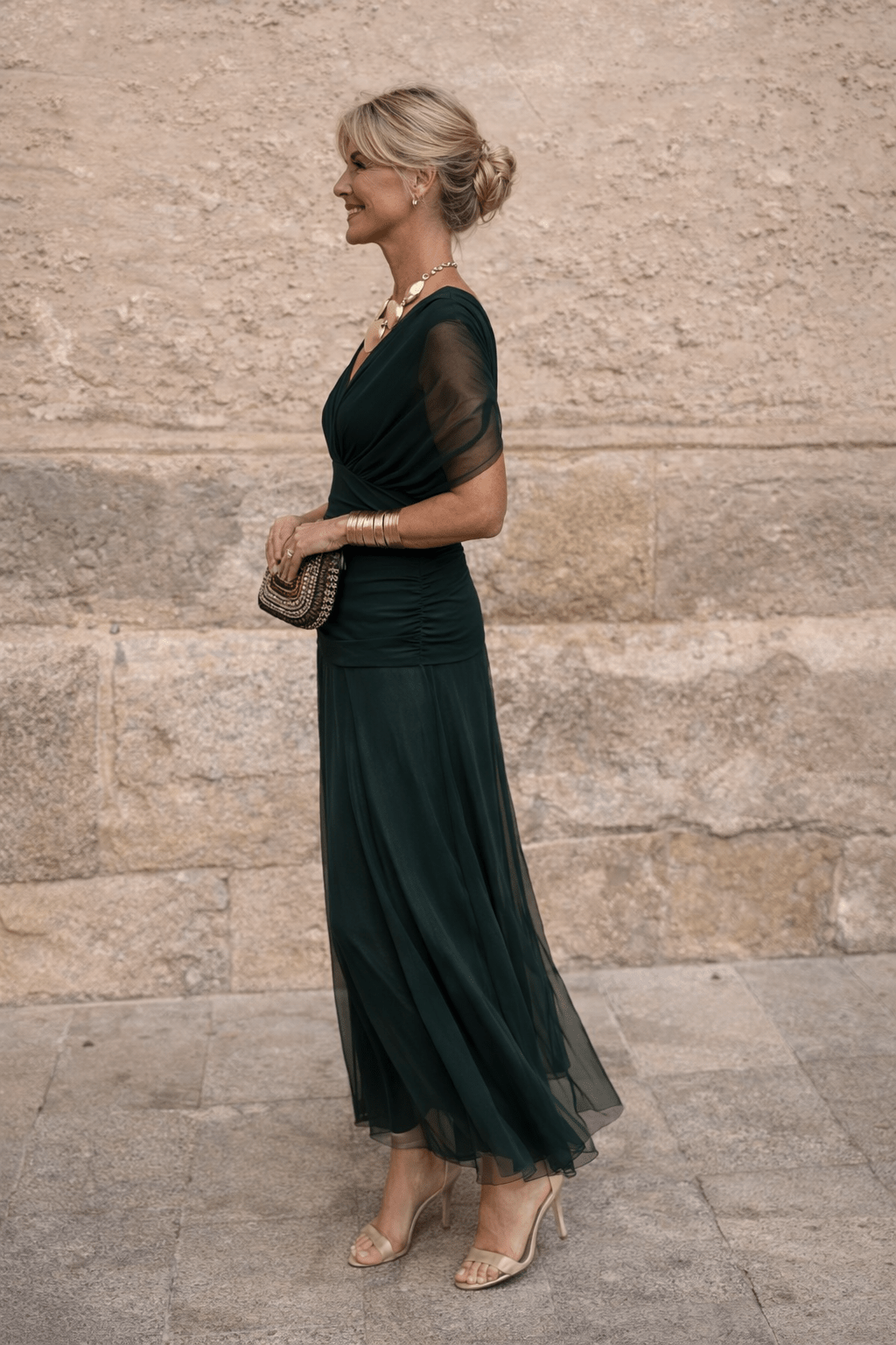 Jurk Dames V-Hals Wikkellijfje Maxi Korte Mouw - Chiffon